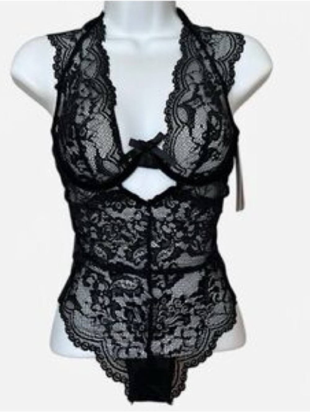 Sheer Black Lace Halter Teddy Bodysuit NWT